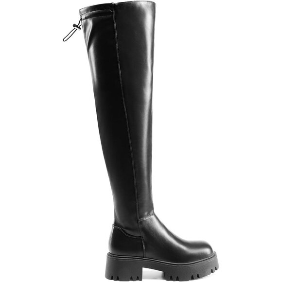 Women's Black-pu Faux Leather Over The Knee Lug Sole Round Toe Fall Long Boots - Picture 2 of 7
